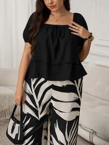 SHEIN LUNE Plus Size Women Black Summer Boho Vacation Holiday Solid Color Square Neck Tie Front Shirt And Tropical Plant Print Wide Leg Pants Casual 2 Pieces Set - Multicolor - View 7