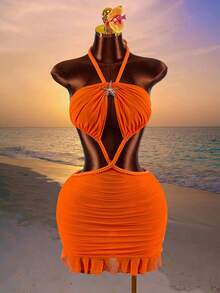 Amplova 女士交叉绑带露背金属配饰网纱拼接迷你连衣裙，性感前卫，适合度假、夏季度假等场合。 - 橘色 - 查看 4