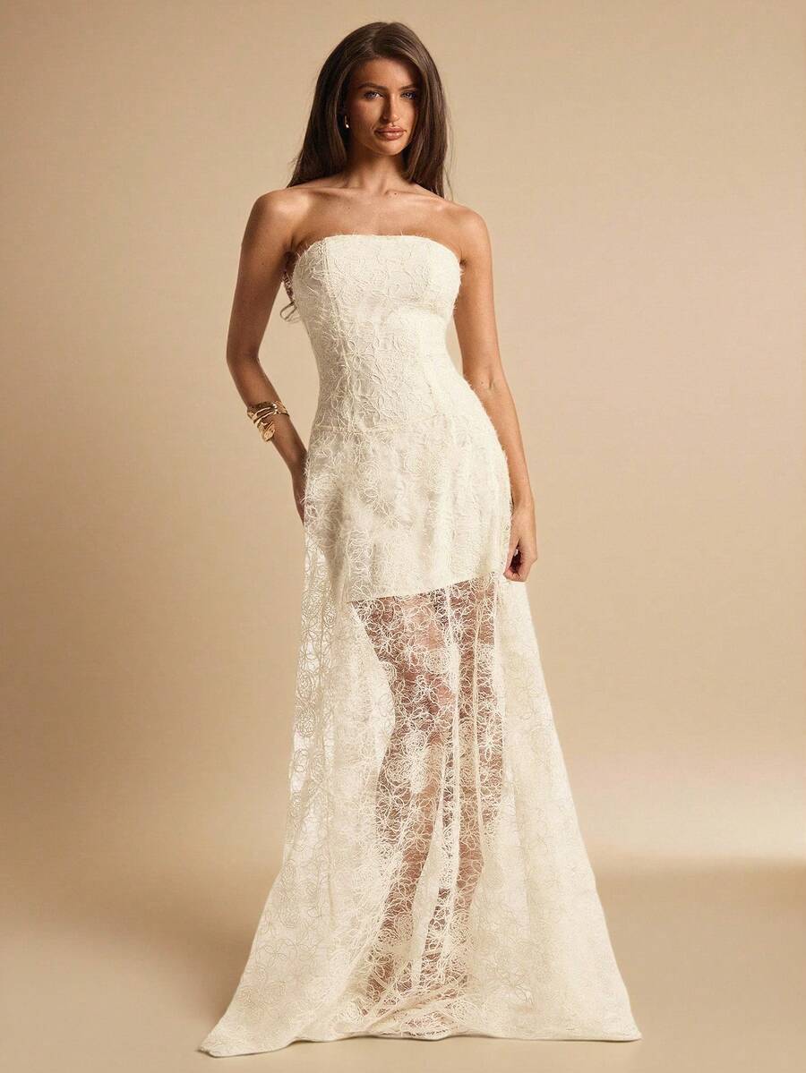 SHEIN BAE 杏色提花无肩带修身长款优雅伞裙，蕾丝连衣裙，婚礼宾客礼服，早午餐礼服，优雅社交礼服，夏季连衣裙，约会之夜礼服，生日派对礼服，海滩度假礼服，夏季连衣裙 - 杏色 - 查看 1