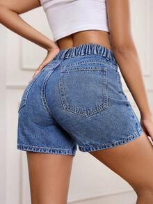 SHEIN ICON Quần short denim cạp cao kiểu vintage dành cho nữ cỡ lớn, dáng chữ A, ống rộng, thoải mái, đa năng. - Rửa trung bình - Xem 2