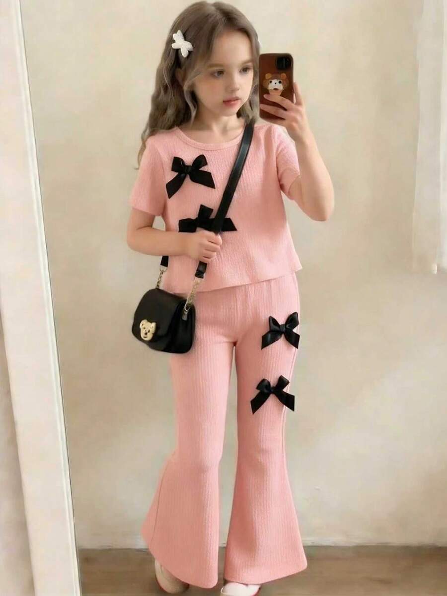Set 2 tricou roz cu mânecă scurtă pentru fete, cu fundă neagră și pantaloni evazați cu talie elastică, primăvară/vară - Roz - Vizualizare 1