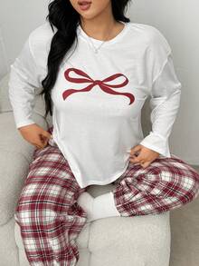Auralis Women's Casual Daily Homewear Valentine's Day Vintage Solid Color Round Neck Long Sleeve Bow Print & Red Plaid Belted Ankle Pants 2-Piece Set/Plus Size Casual Homewear Set/Back To School Set/ Valentine's Day /Valentine Outfits For Women Loungewear Women Sleep Wear Women Lounge Wear Pajama Sets For Women Comfy Sets Women Comfy Lounge Wear Women's Lounge Wear Women's Pajama Set Long Sleeve Top Plaid Pajama Pants - Multicolor - View 8