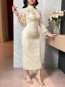 Feyla Vestido ajustado de longitud media con decoración de flores 3D de encaje de unicolor elegante para mujer - Amarillo - Ver 3