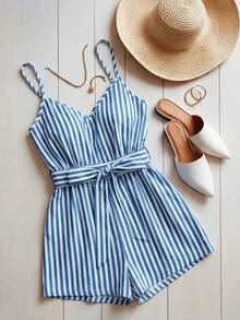 Franclia Women's Fashion Striped Camisole Jumpsuit With Bow Tie Summer Birthday Outfits For Women Summer Romper Casual Romper Beach Romper Petite Vacation Outfit - Blue and White - View 1