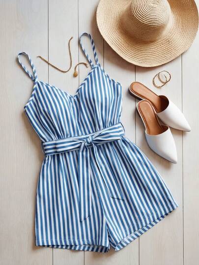 Franclia Women's Fashion Striped Camisole Jumpsuit With Bow Tie