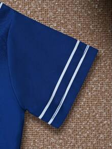 SHEIN Baby Boys' Fashionable Casual White Baseball Jacket Short Sleeve Top And Light Blue Denim Pants Set, White Short Sleeve Baseball Sweatshirt With Blue Floral Pattern And Navy Blue Logo, Soft, Comfortable, Cute, Casual, Outdoor, Sports, Style Suitable For Spring/Summer Outings, Outdoor Play, Vacation, Daily Wear - Royal Blue - View 3