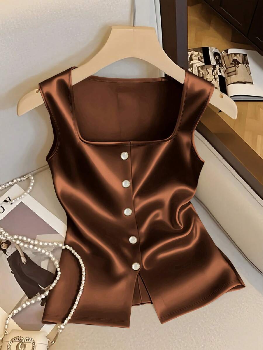 Franclia 极简通勤方领纽扣休闲背心 - 卡其色 - 查看 1