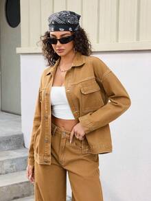 Jeanoix Y2K Fashion Turndown Collar Button-Up Washed Denim Jacket - Brown - View 5