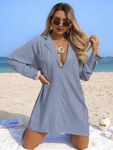 Swim Lushoire 女士性感深V领条纹休闲沙滩罩衫连衣裙，春夏款 - 寶藍色 - 查看 5