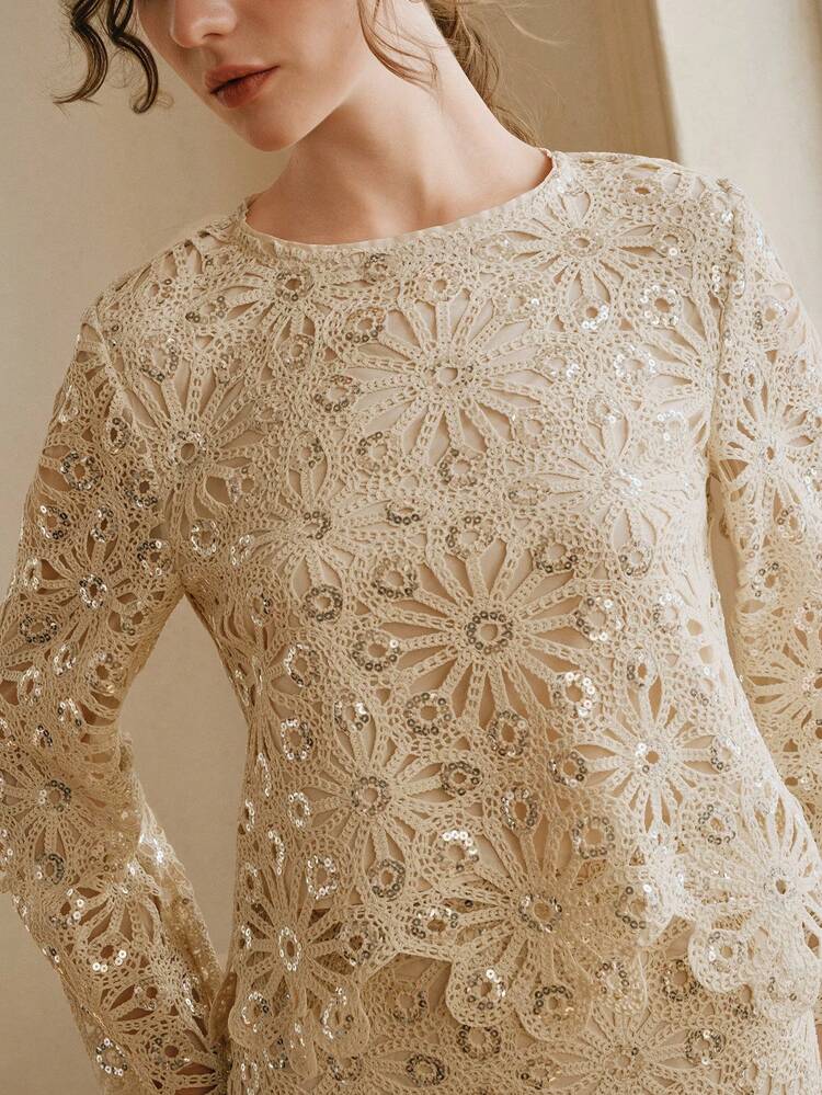 Early Spring New Arrival Unique Fashionable Crochet Sequin Romantic Hollow Out Top + Midi Skirt Set