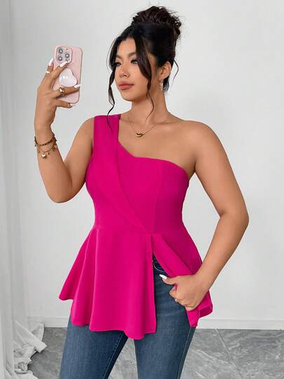 Elenzga Plus Size Women Spaghetti Strap Asymmetric Elastic Waist A-Line Slit Elegant Camisole, Suitable For Afternoon Tea, Bachelorette Party, Sexy & Slimming, Versatile, Early Summer, Romantic Pink Lady, Valentine's Day