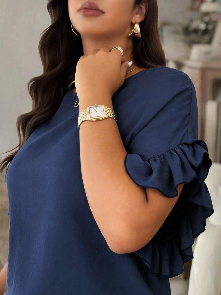 SHEIN LUNE Blus Longgar Lengan Kelelawar Kasual Wanita Ukuran Besar, Warna Polos, Cocok untuk Sehari-hari, Liburan, Perjalanan, Musim Semi/Panas - Navy Blue - View 1