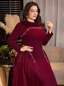 Modelyn 珠饰水钻点缀 A 字型喇叭拼接优雅大码正式礼服 - 酒紅色 - 查看 9