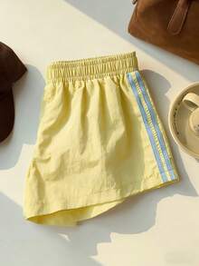 Comfortcana 女士弹力腰带条纹宽松短裤，适合夏季、冬季、圣诞节、新年、休闲户外运动，Y2K 米黄色短裤。 - 彩色 - 查看 6