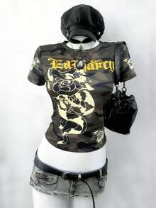 Lalippa Women's Letter Camouflage Print Round Neck Short Sleeve Cropped T-Shirt - Multicolor - View 1