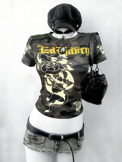 Lalippa Women's Letter Camouflage Print Round Neck Short Sleeve Cropped T-Shirt