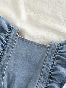 Baby Girls' Denim Romper, Loose Fit Cute Ruffled Bib Overall, Elastic Waist, Lightweight Soft Cotton Denim, Fashionable Must-Have For Girls, Suitable For Spring/Summer Wear, Casual, Outings, Parties, 2025 Autumn New Arrival - Light Wash - View 7