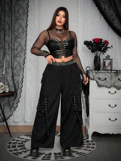 Whyspr Plus Size Fashionable Cargo Straight Leg Pants, Casual Multi-Pocket Women Trousers