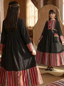 2-Piece Set For Tween Girls:Elegant Traditional Black Dress With Matching Bag,Geometric Print,Long Sleeves Maxi Dress,Black,Autumn,Boho,Wedding Guest - Black - View 2