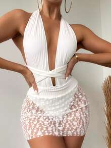 Swim Chiccia Summer Beach Plain Criss Cross One Piece Swimsuit With Beach Skirt - White - View 1