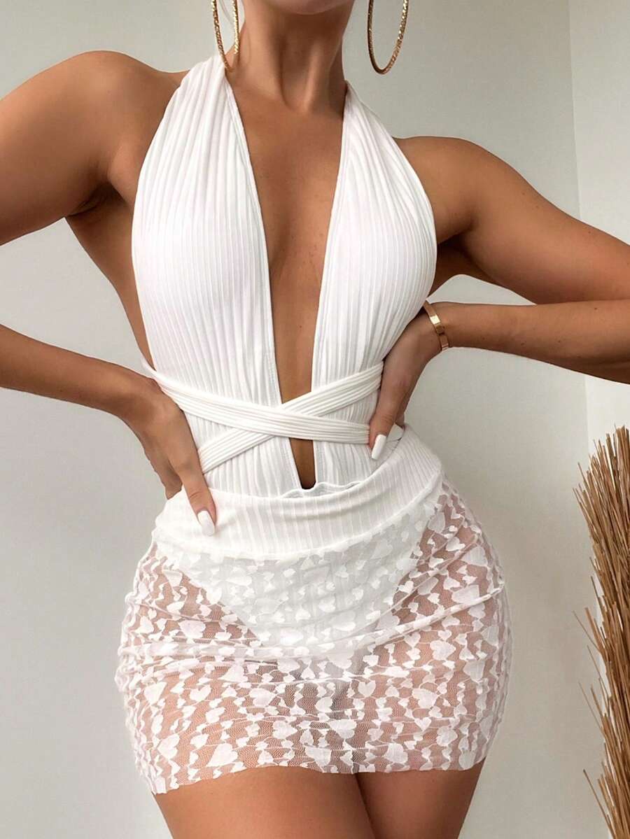 Swim Chiccia Summer Beach Plain Criss Cross One Piece Swimsuit With Beach Skirt - White - View 1
