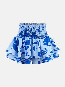 SHEIN Váy quần cho bé gái tuổi teen, chất liệu dệt hoa, thắt nơ ở eo, xếp ly hai lớp, kiểu dáng thường ngày. - Màu xanh nhạt - Xem 3