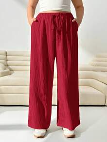 SHEIN EZwear 女士加大码宽松红色梭织裤 - 紅色 - 查看 7