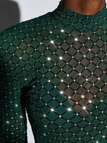 Maija 2026 Spring & Summer Women's Sheer Mesh Black Bodysuit With Crystal Details, Elegant Office/Casual Wear, Suitable For Urban Commute, Business, Summer, Valentine's Day - Dark Green - View 5