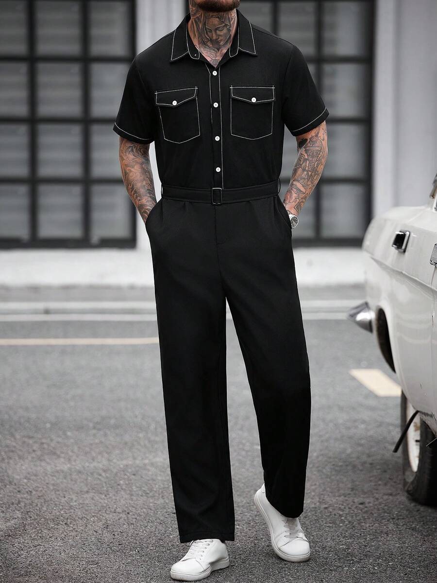 Manfinity CasualCool Men's Flap Pocket Drawstring Waist Shirt Jumpsuit Overall Men Men S Overall Men S Overalls Overalls For Men Men S Jumpsuit ... Mens Overall Men Black Outfit Men Black Two Piece Set Men Shirt Co Ords Mens Jumpsuit Baggy F1 - Black - View 1