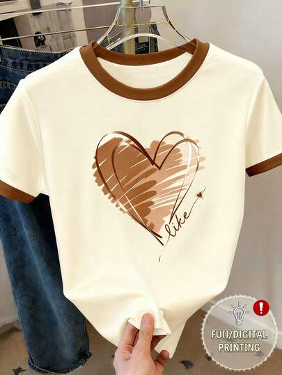 Resyla Camiseta de manga corta para mujer con estampado de corazón en bloque de color, regalo romántico para el Día de San Valentín