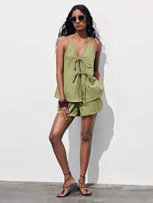 Maija Bộ đồ nữ gợi cảm gồm áo hai mảnh buộc dây hở lưng và quần short, thích hợp cho mùa hè. - màu xanh lá - Xem 3