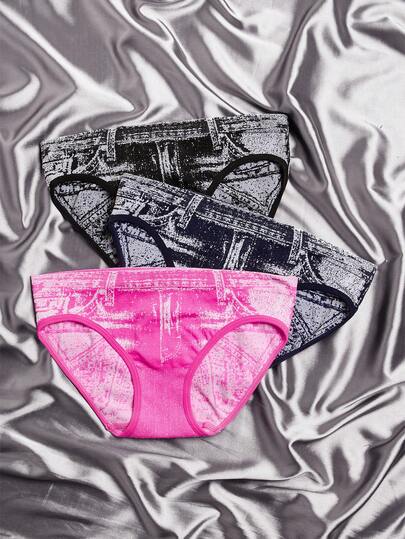 SHAPORA 3pcs/Pack Women's Denim Print Briefs