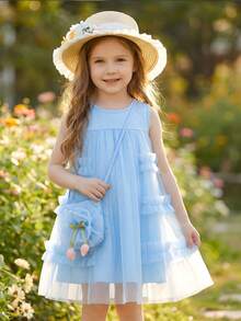 Young Girl' Blue Frill Trim Mesh Sleeveless Dress With 3D Tulip Flower, Blue Crossbody Bag, Elegant Summer Party Dress, Holiday Outfit - Blue - View 4