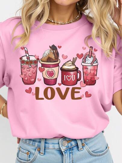 EMERY ROSE 甜美女孩风格心形饮料杯，适合小马宝莉爱好者，印花休闲加大码T恤