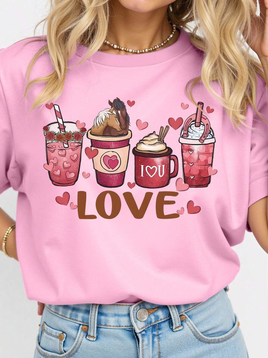 EMERY ROSE 甜美女孩风格心形饮料杯，适合小马宝莉爱好者，印花休闲加大码T恤 - 淺粉色 - 查看 1