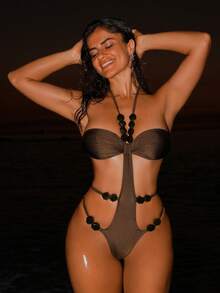 Swim SXY Đồ bơi Monokini khoét lỗ đính ngọc trai gợi cảm màu trơn, phù hợp với người ngực nhỏ - Cà phê nâu - Xem 4