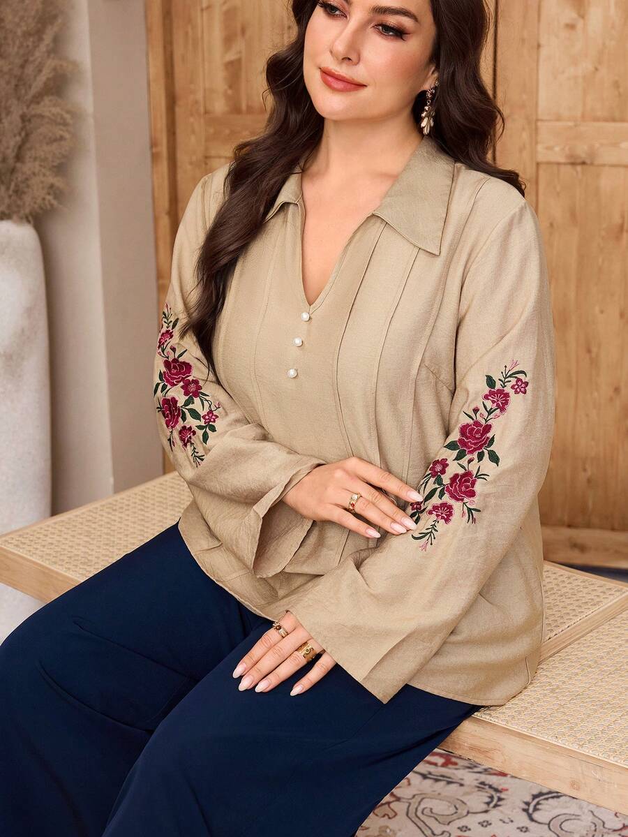 Modelyn Plus Size Women Floral Embroidery Long Sleeve Casual Shirt Modest Blouse - Khaki - View 1