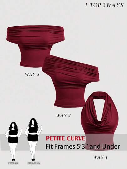 SHEIN PETITE CURVE New Plus Size Women's Petite Girls Elegant Commuter Solid Color Ruched Waist Top, 1 Top 3 Ways, Makes You Look Slimmer , Petite  Women