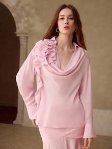 MOTF PREMIUM RUFFLED COWL COLLAR BLOUSE, SPRING/SUMMER - Pink - View 4
