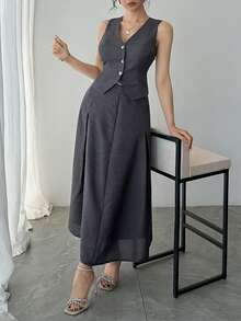 DAZY Women's Elegant Commuter Solid Color Vest & Skirt 2 Pieces Set, Summer - Black - View 7
