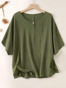 EMERY ROSE 大码女式休闲宽松亚麻短袖衬衫，夏季 - 軍綠色 - 查看 1