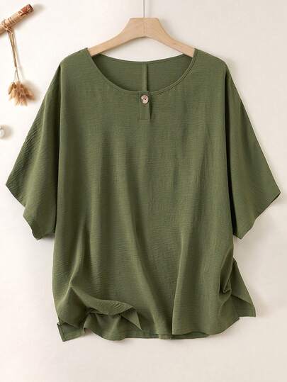 EMERY ROSE 大码女式休闲宽松亚麻短袖衬衫，夏季