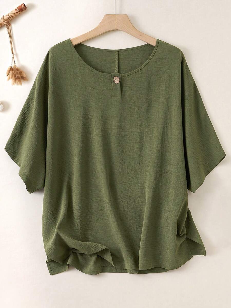 EMERY ROSE 大码女式休闲宽松亚麻短袖衬衫，夏季 - 軍綠色 - 查看 1