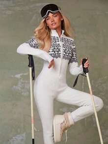 Athîral Women's Retro Pattern Zip-Up Jumpsuit - White - View 3