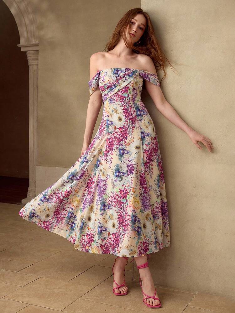 WOMEN'S ELEGANT FLORAL PRINT OFF-SHOULDER WAIST CINCHED FLARED HEM DRESS, VACATION STYLE