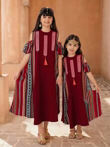 Đầm trễ vai họa tiết hình học chắp vá phong cách vintage thường ngày cho bé gái tuổi teen - Màu Đỏ Sâu - Xem 4