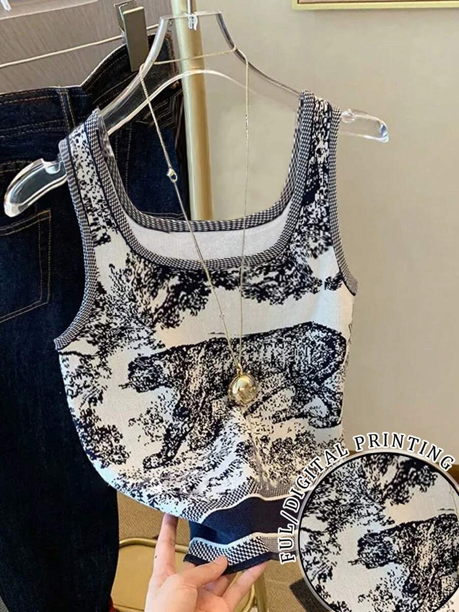 Resyla 女士常规版型印花背心，蓝白相间 - 黑與白 - 查看 1