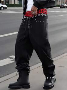 Manfinity Roghcode Personalized Double Waistband Drawstring Contrast Star Print Black Jeans Emo Pants Goth Pants Punk Pants Men Goth Sweatpants - Black - View 1