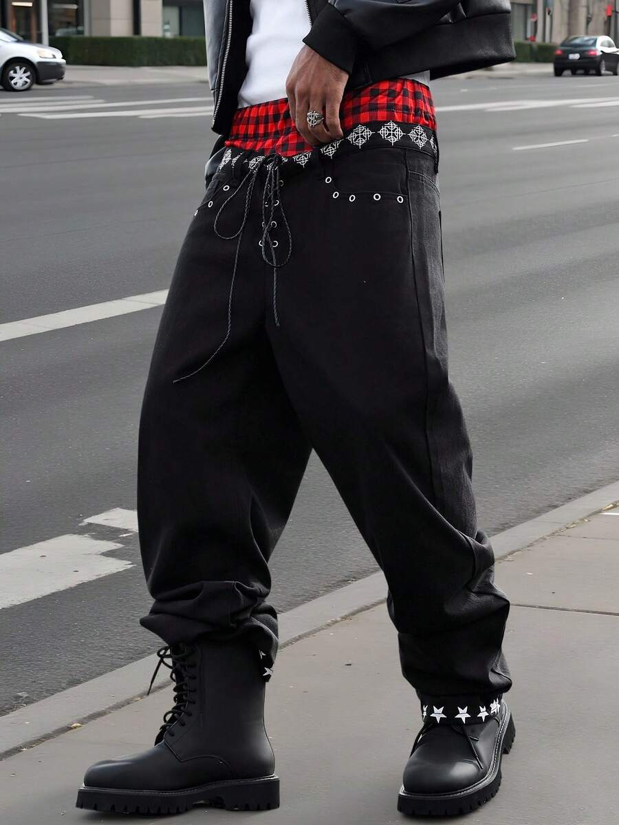 Manfinity Roghcode Personalized Double Waistband Drawstring Contrast Star Print Black Jeans Emo Pants Goth Pants Punk Pants Men Goth Sweatpants - Black - View 1