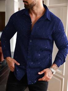 Manfinity Homme Plus Size Men's Long Sleeve Collared Button-Up Shirt Men Rhinestone Shirt Mens Sequin Shirt - Navy Blue - View 5